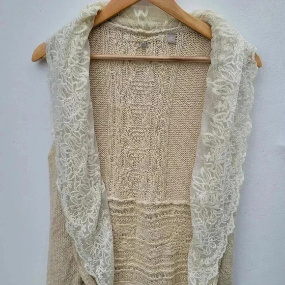 Anthropologie Knitted & Knitted Cream Open Front Cardigan lace Trim Size XS - Picture 2 of 8